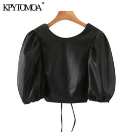 Women Sexy Fashion Faux Leather Puff Sleeve Cropped Blouses Vitnage Backless Drawstring Female Shirts Chic Tops 210420