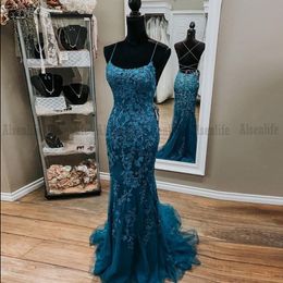 Teal Blue Prom Dress Mermaid Cross Spaghetti Straps Lace Appliques Graduation Evening Party Gowns Formal Wear Vestidos