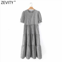 Zevity Women Vintage O Neck Puff Sleeve Plaid Print Pleats Midi Dress Female Chic Casual Ruffles A Line Vestidos DS8312 210603
