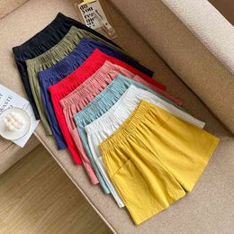 Women summer shorts Casual Solid Cotton Linen elastic waist two pockets for girls Soft female S-XXL 210524