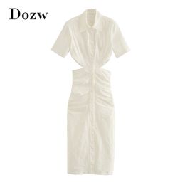 Women Holiday White Shirt Dress Pleated Backless Chic Stylish Long Single Button Short Sleeve Sexy Slim Robe 210515