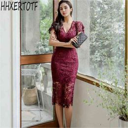 High Quality summer Ruffles Sexy V-neck Sheath Dres Bodycon Dresses Fitted Lace dress Vestidos 210531