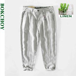 2021 New Summer Pure Linen Pants Straight Loose Men Hemp Cargo Trousers Button Big Pocket Gray Workwear GA-Z352 H1223