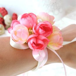 Bride Bridesmaid Wrist Flowers Corsage Brides Sister Hand Flower Wedding Ball Artificial Silk Bracelet RH1522