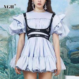 Sweet Blue Patchwork Diamond Dress For Women O Neck Puff Short Sleeve High Waist Hit Color Mini Dresses Female Clothing 210531