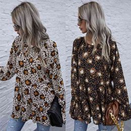 Summer womens tops and blouse Loose tie leopard print shirts spring long sleeve top Bohemian Ruffles 210508