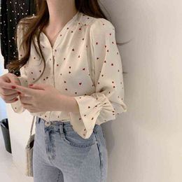 Spring Women Chiffon Shirt Korean Fashion Long Sleeve White Shirts Women Streetwear Office Blouse Elegant Lady Heart Print Tops H1230