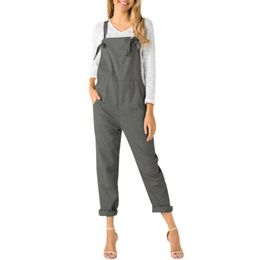 Gym Clothing Women Pocket Cotton Linen Loose Casual Wide Leg Jumpsuit Overall Long Trousers Pants
