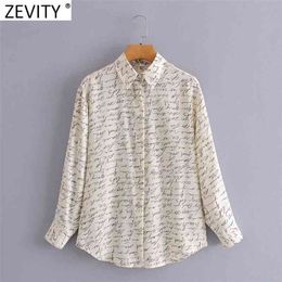 Women Vintage Handwritten Letters Print Casual Smock Blouse Office Lady Business Shirt Chic Chiffon Blusa Tops LS9049 210416