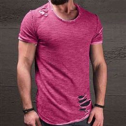 Fashion Summer Ripped Clothes Men Tee Hole Solid T-Shirt Slim Fit O Neck Short Sleeve Muscle Casual Jersey Tops T Shirts 210409