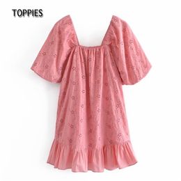 Pink Cotton Mini Dress Woman Summer Hollow Out Embroidered Sexy Puff Sleeve Square Collar Blouses 210421