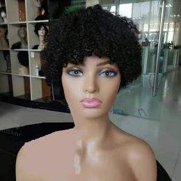 Short Afro Kinky Curly Human Hair Wig Malaysian Glueless Wig with Bangs Natural Colour 150% Density