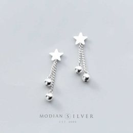 High Quality 100% 925 Sterling Silver Sweet Stars Tassel Swing Beads Stud Earrings for Women Girls Fine Korean Jewelry 210707