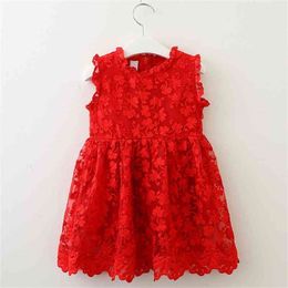 Summer Girls' Dress Red Lace Butterfly Embroidered Sleeveless Party Princess Children's Baby Kids Girls Clothing 210625