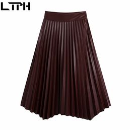 high quality vintage mid-length High waist leather Pleated skirt Irregular PU Elegant Korean Women Skirts Autumn 210427