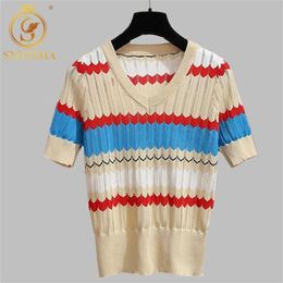 HMA Summer Women Knitted Sweaters Short Sleeve V Neck Stripe Ladies Woman Casual Sweater Tops 210812