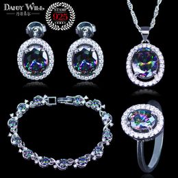 Fashion Silver Colour Women 4Pcs Jewellery Gift Rainbow Mystic Crystal Stone Necklace Earrings Bracelets Sets For Girls H1022