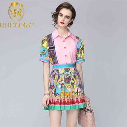 Summer Fashion Temperament Exotic Print Lapel Puff Sleeve Shirt Female High Waist Slim Skirt Suit Two Piece Sets 210506