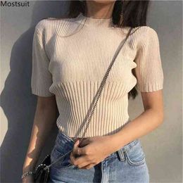 Summer Korean Style Knitted T-shirt Women Crop Tops Bodycon Short Sleeve O-neck Tees Shirt Female And Blouses 210513