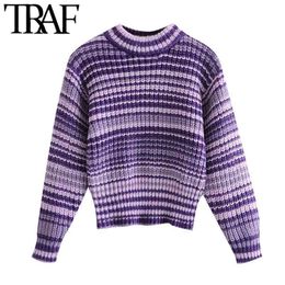 Women Fashion Striped Knitted Sweater Vintage High Neck Long Sleeve Female Pullovers Chic Tops 210507