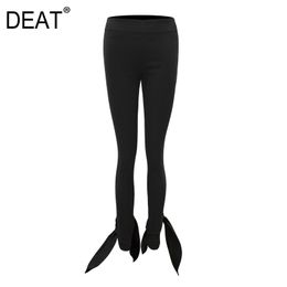 [DEAT] High Elastic Waist Little Feet Trousers New Slim Pants Women Black Patchwork Bow Button Fashion Tide Summer 7E0842 210428