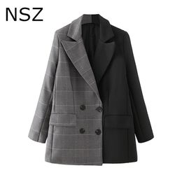 NSZ Women Checked Patchwork Black Oversize Blazer Double Breasted Office Ladies Large Size Plaid Suit Jacket Coat Outerwear 211122