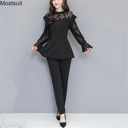 Spring Fashion Elegant OL Outfits Women Two Piece Sets Plus Size Long Sleeve Lace Patchwork Tunic Tops And Pants Set Suit Korean 210513