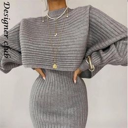 Two-piece Dress Sets Winter Women Knitted Set Fleece Tracksuits Autumn Sweater And Tank Elegant Outfit 220302