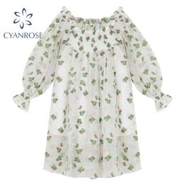 Elegant Fairy Chiffon Off Shoulder Dresses Summer Beach Holiday Floral Leaf Embroidery Flare Long Sleeve Mini Chic Vestiods 210417