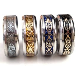 24pcs/lot High Quality Jesus Letter 316L Stainless Steel Ring Top Colour Mix Religious Christian Fish Finger Rings Men Women Wedding Jewellery Male Bible Ring