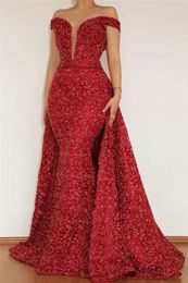 Aso Ebi 2021 Arabic Plus Size Burgundy Mermaid Sparkly Prom Dresses Sweetheart Detachable Train Sequined Evening Formal Party Second Reception Gowns Dress