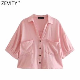 Zevity Women Vintage Pockets Patch Casual Short Smock Blouse Loose Kimono Shirt Ladies Linen Roupas Femininas Blusas Tops LS9260 210603