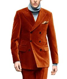 Orange Men's Velvet Suit Jacket 2 Piece Double Breasted Groom Tuxedos Slim Fit Wedding Suits (Blazer+Pants) & Blazers