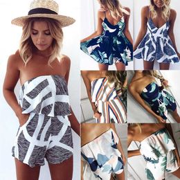 Summer Women Beach Jumpsuit Plus size Print Romper Sleeveless Off Shoulder Short Overalls Backless Sexy Playsuit For Female 210526