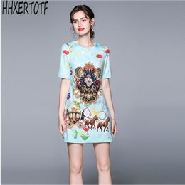 summer fashion women Casual retro print short-sleeved O neck western style dress 210531