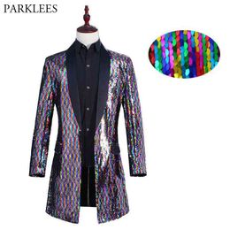 Mens Rainbow Changing Colours Sequin Shawl Collar Long Blazer Jacket Party Stage Singer Host Night Club Suit Blazer Costume Homme 210522