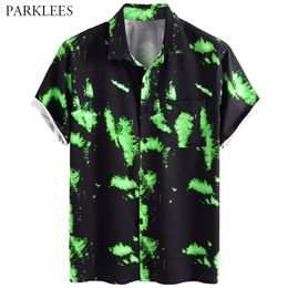 Fluorescent Green Splash Ink Printed Mens Shirt Casual Hip Hop Cool Summer Men Short Sleeve Shirts Fashion Streetwear Male 2XL 210524