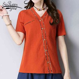 Summer Women Blouses Short Sleeve Cotton Button Shirt Red Casual Collar Clothing Large Size Female Tops Blusas D772 30 210521