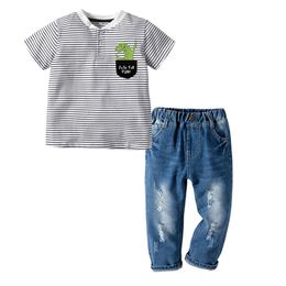FOCUSNORM 1-5Y Summer Kids Boys Clothes Sets Striped Cartoon Animal Printed Short Sleeve T Shirts Denim Pants X0802