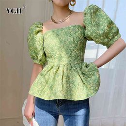 Print Floral Tunic Shirt For Women Square Collar Puff Sleeve Elegant Korean Blouse Female Fashion Clothing Summer 210531