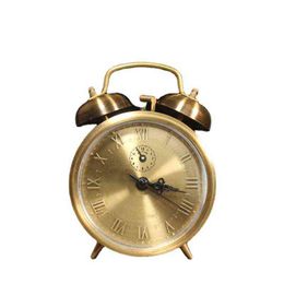 Antique Pure Copper Alarm Clock Mechanical Retro Table Clock Watches Bedroom Silent Gold Bedside Clocks Metal Desk Decoration 211111