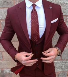 (Jacket+Pant +vest)Burgundy Mens Suits Groom Wear Tuxedos 3 Piece Wedding Suits Groomsmen Best Man Formal Business Suit For Men X0909