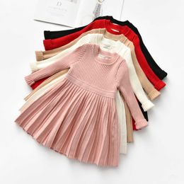 Fall Winter Girls Pleated Sweater Dress for Kids Toddler Cotton Knitted Elegant Xmas Solid Casual Clothing 210529