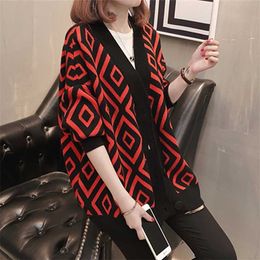 Women Sweater Cardigans Casual V Neck Long Sleeve Oversized Loose Plaid Buttons Knitted Tops Winter Female Outwear 211018