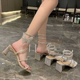 Comfort Shoes for Women Female Sandal 2021 Summer Med High Heels Bling Girls Medium Fashion New High-heeled Bright Rhinest Y0608