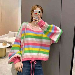 Korean autumn and winter sweater women's long-sleeved knitted wild striped college style large size loose pullover 210427
