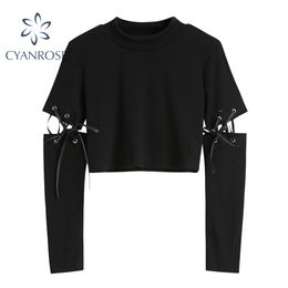 Long Sleeve Split Drawstring Lace-up Crop T Shirt Summer New Streetwear Gothic Punk Black Tees Mujer Crewneck Trendy Tops 210417