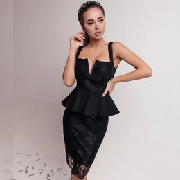 Summer Women Red Lace Bandage Dress Sexy Spaghetti Strap V Neck Black Ruffles Club Celebrity Runway Party 210423