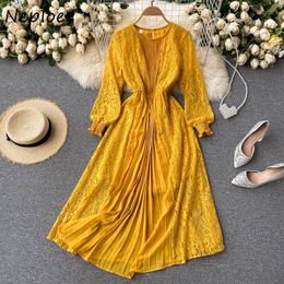 Neploe O Neck Puff Long Sleeve Dress Women High Waist Hip A Line Slim Vestidos Elegant Lace Hook Flower Solid Robe Spring 210423