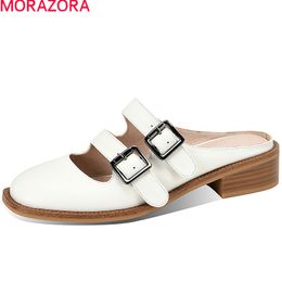 MORAZORA Genuine Leather Slippers Women Low Heel Square Toe Buckle Ladies Casual Shoes Summer Mules Shoes Black White 210506